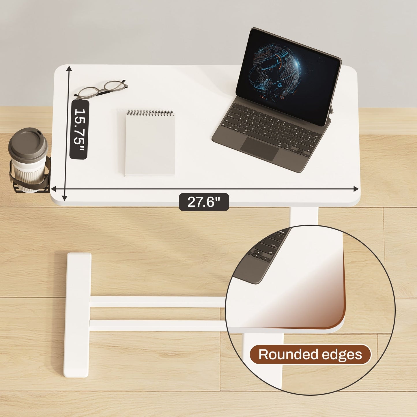 FunniHomi 28/32 Movable Overbed Table Height Adjustable Computer Desk with Wheels, White/Black Laptop Table for Bed and Sofa