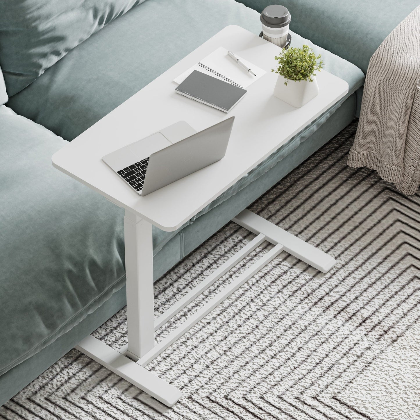 FunniHomi 28/32 Movable Overbed Table Height Adjustable Computer Desk with Wheels, White/Black Laptop Table for Bed and Sofa