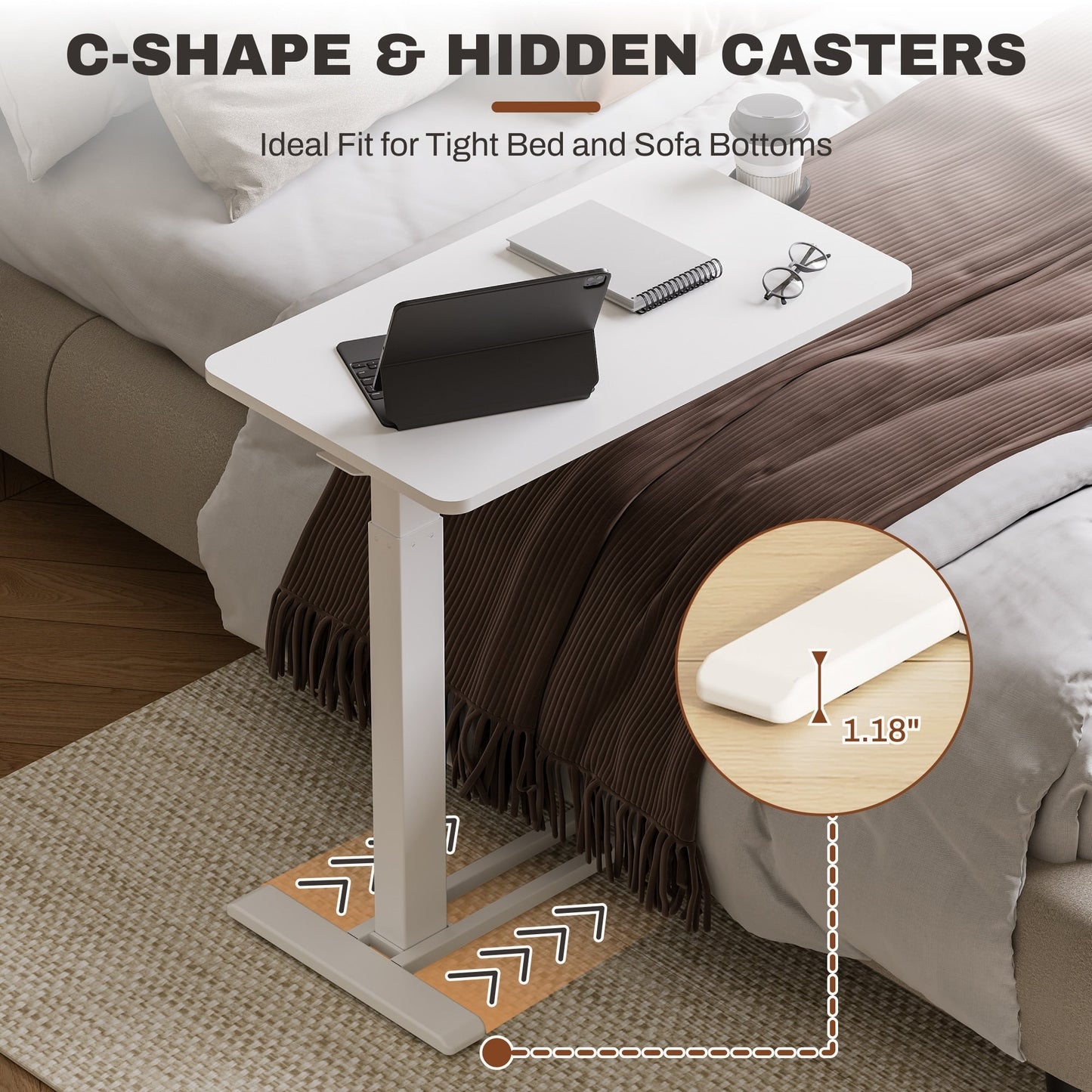 FunniHomi 28/32 Movable Overbed Table Height Adjustable Computer Desk with Wheels, White/Black Laptop Table for Bed and Sofa