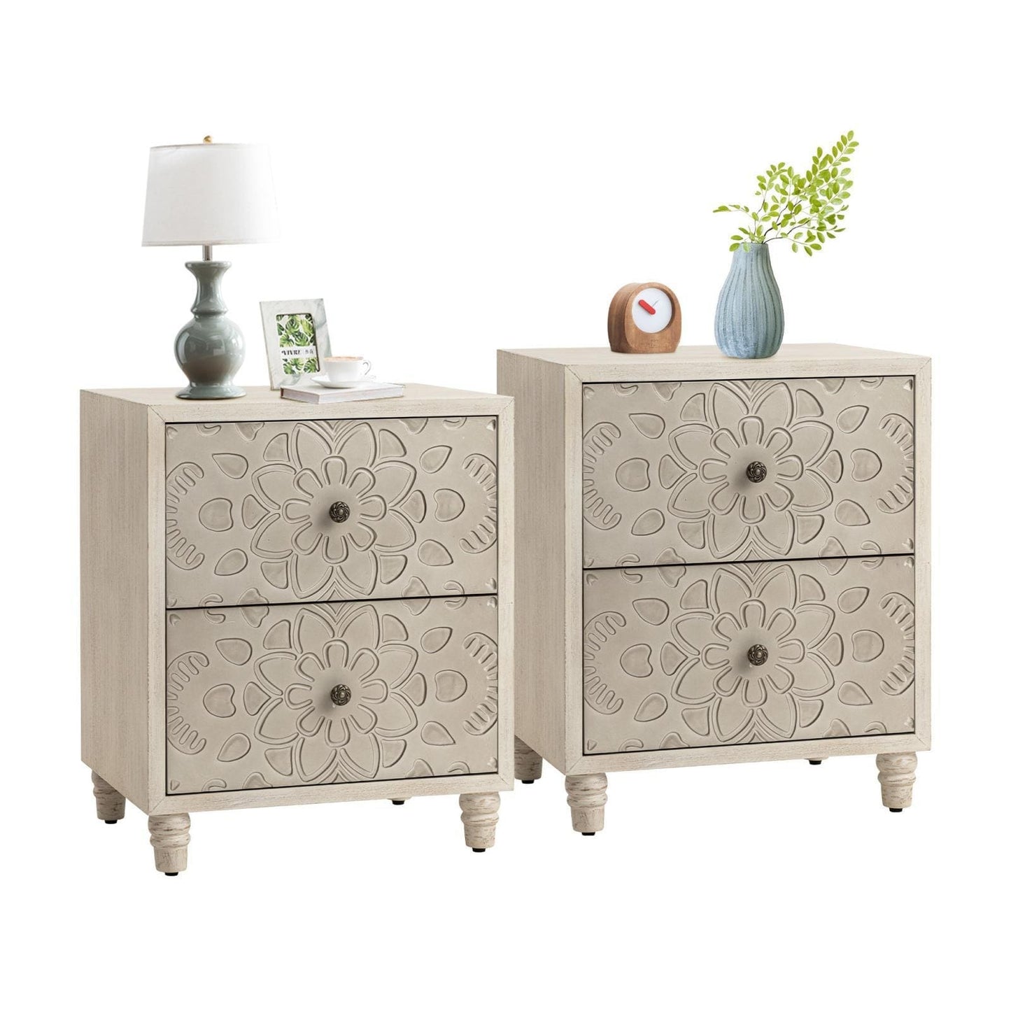 COSIEST Vintage Brown Pattern Solid Wood Nightstand with Drawers