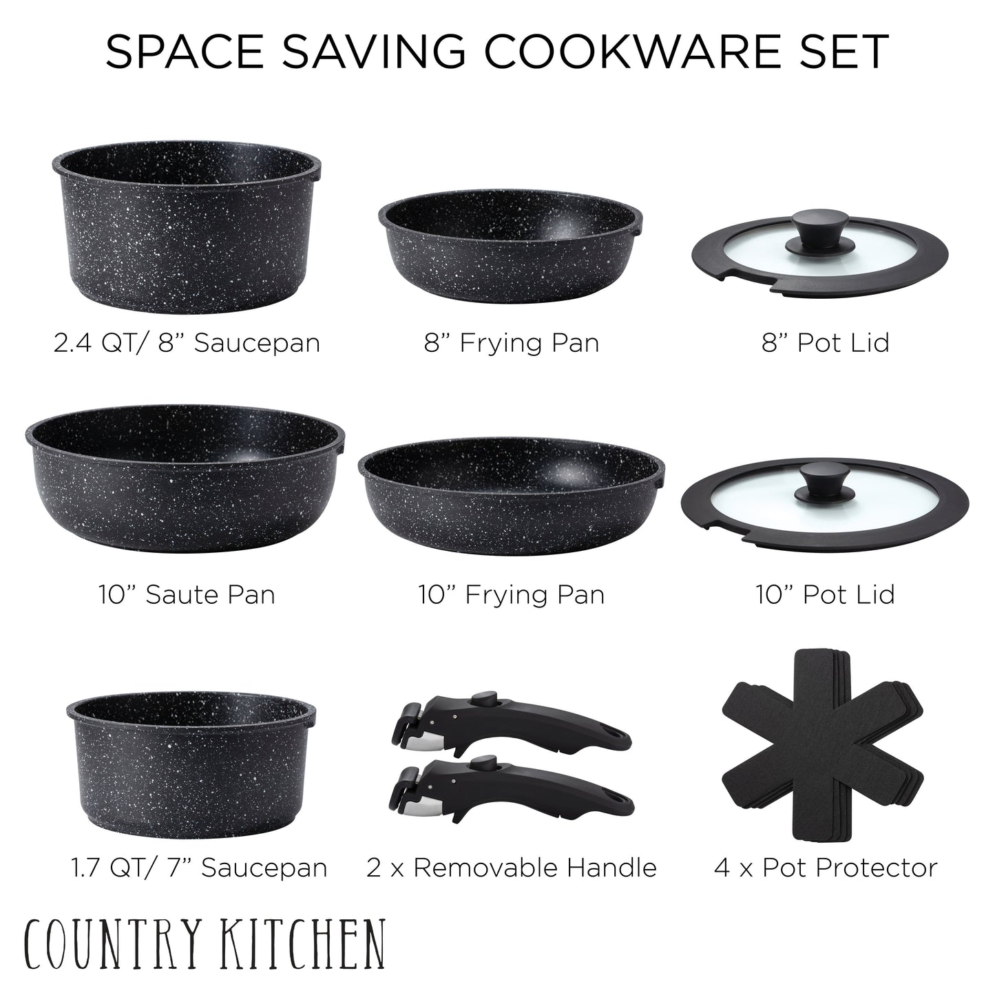 Country Kitchen RV Cookware- 13 Piece Aluminum Pots and Pans with Removable Handle Oven Safe