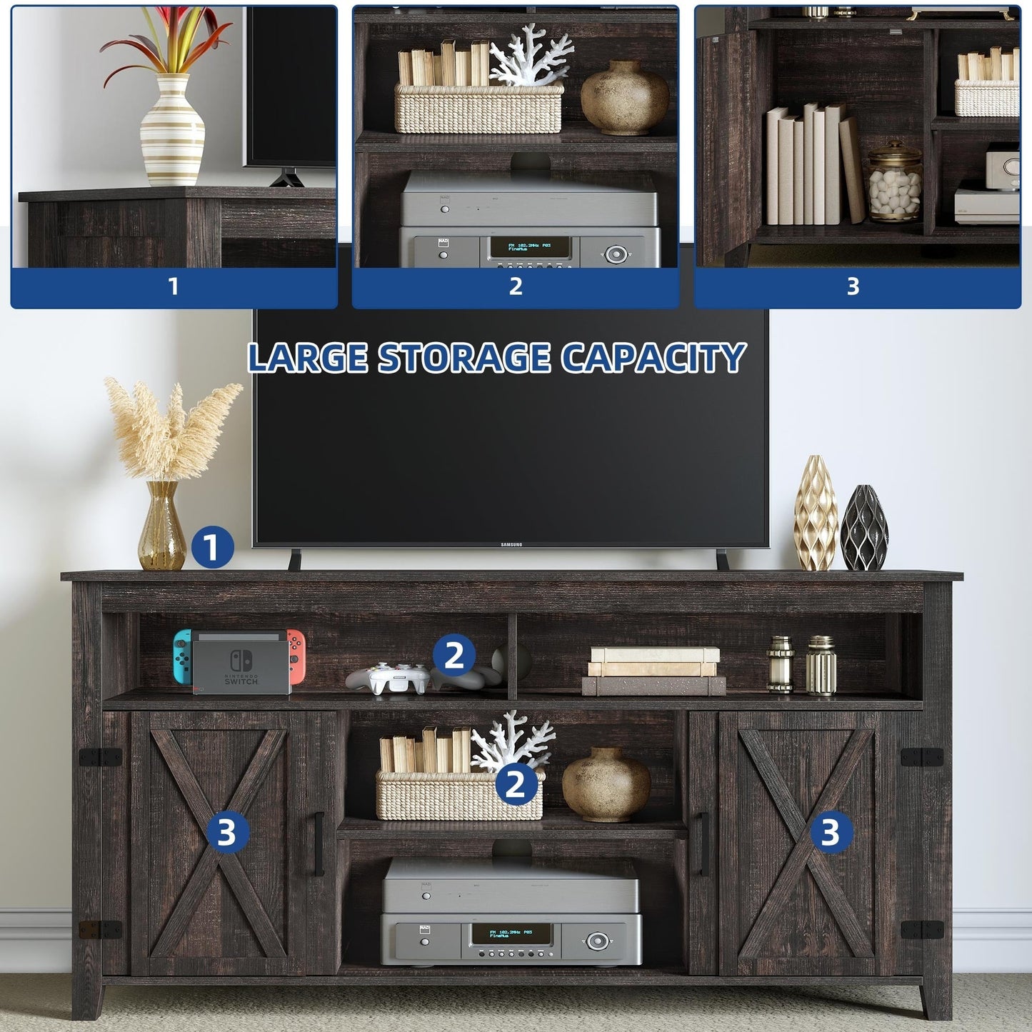 Meuble TV Farmhouse pouvant accueillir jusqu'à 65 téléviseurs avec portes et étagères ouvertes Console multimédia Prise de courant