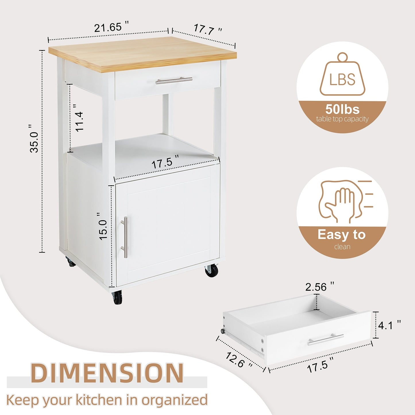 Futzca Kitchen Island Cart with Storage,Rolling Kitchen Island Side Table on Wheels with Worktop, White - N/A