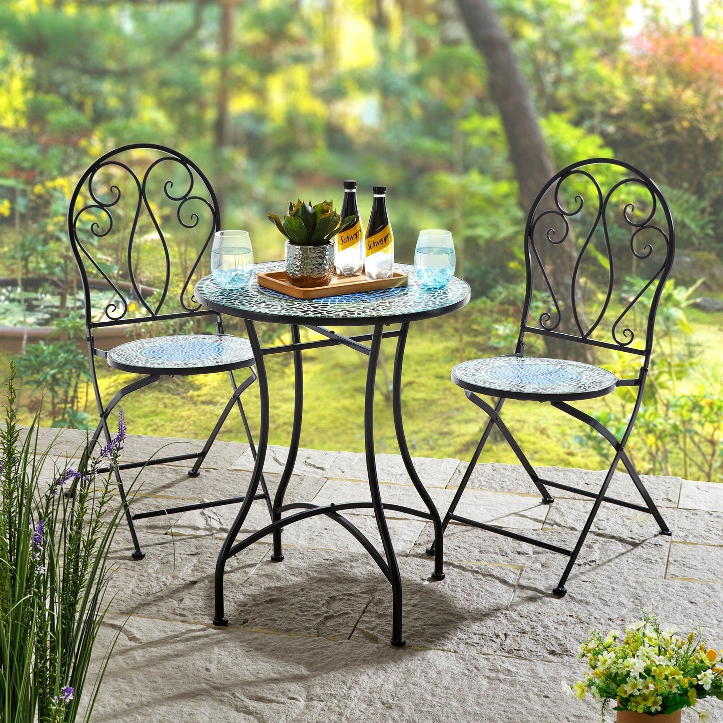 Ensemble bistrot pliant d'extérieur en métal Glitzhome 3 pièces avec table et chaises