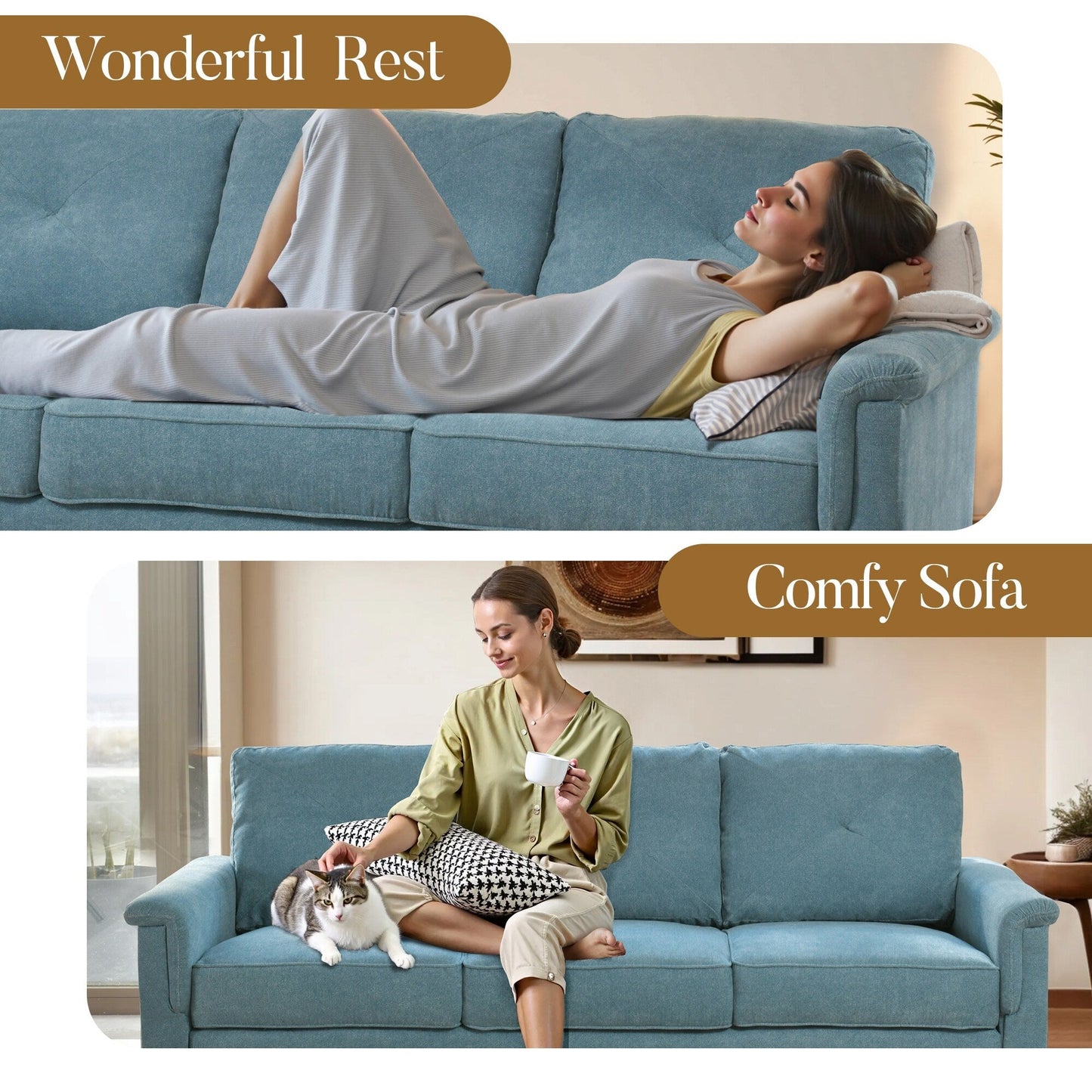 HOOOWOOO Mid-Century 3-Seat Upholstered Sofa with Wood Legs for Living Room