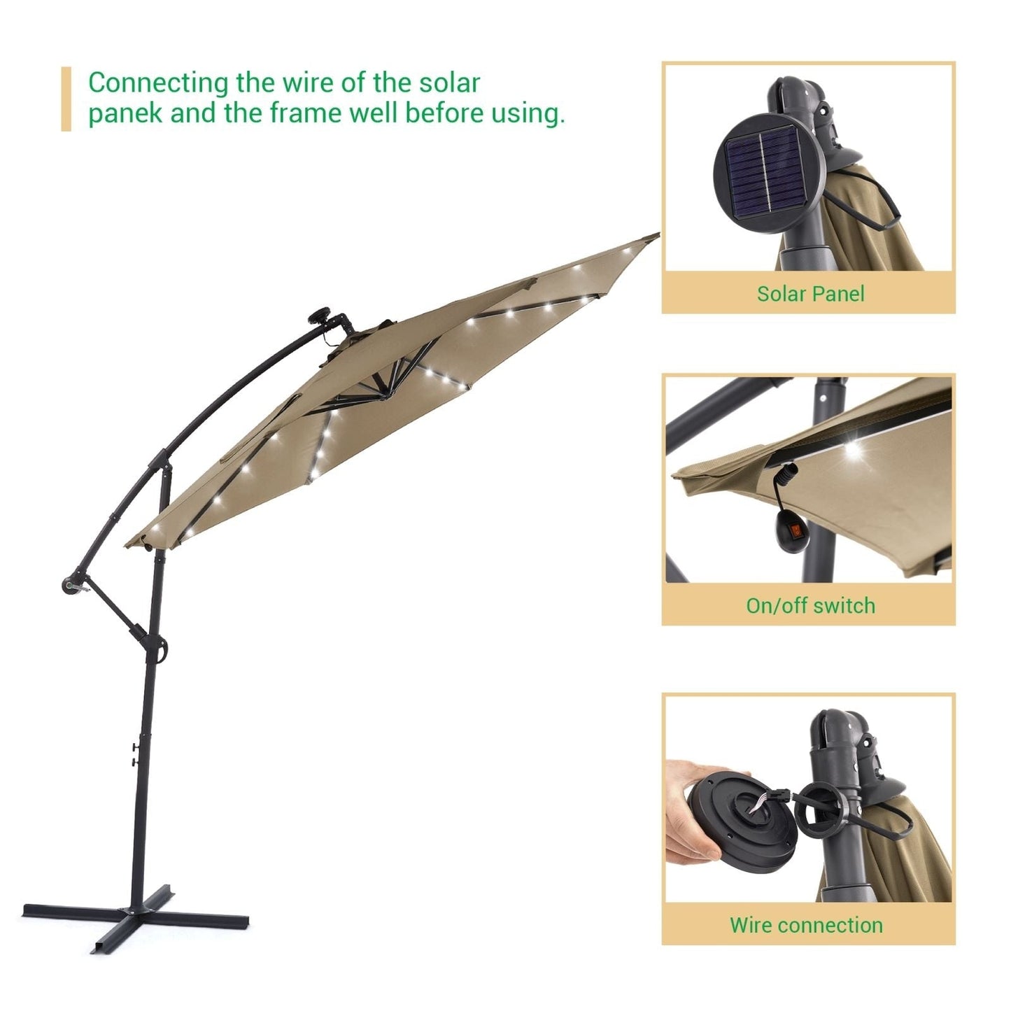 LIVOOSUN 10ft LED Patio Offset Umbrella With Cross Base