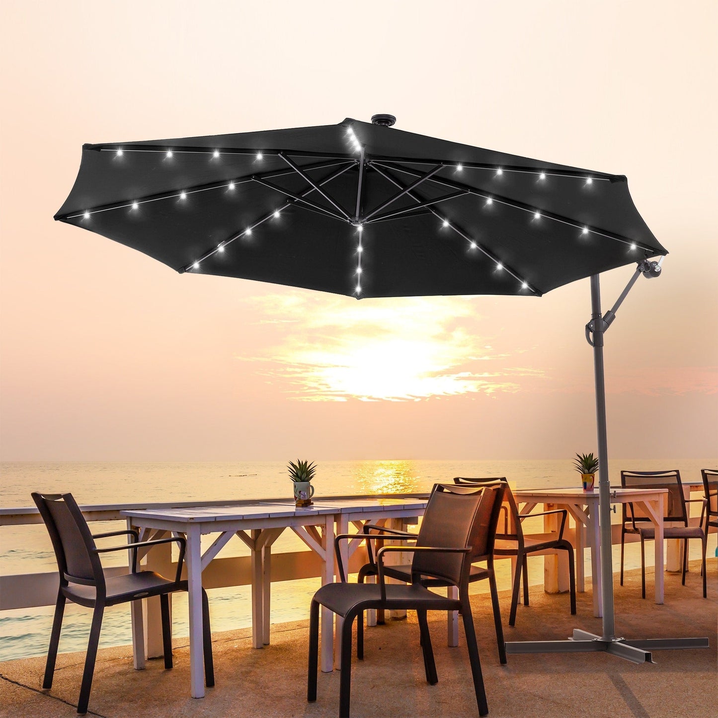 LIVOOSUN 10ft LED Patio Offset Umbrella With Cross Base