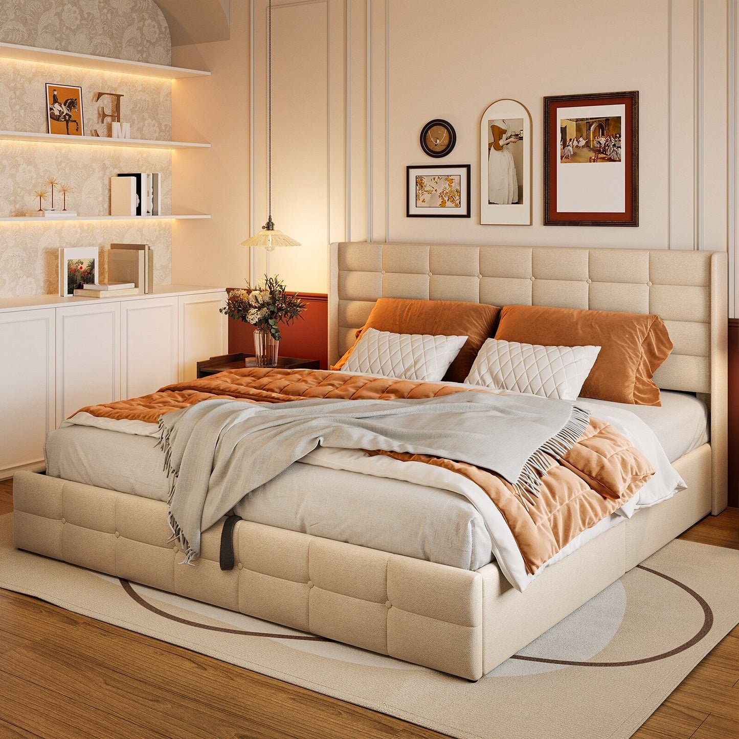 Lift Up Storage Bed Frame, Upholstered Platform Bed Frame with Hydraulic Storage System and Headboard