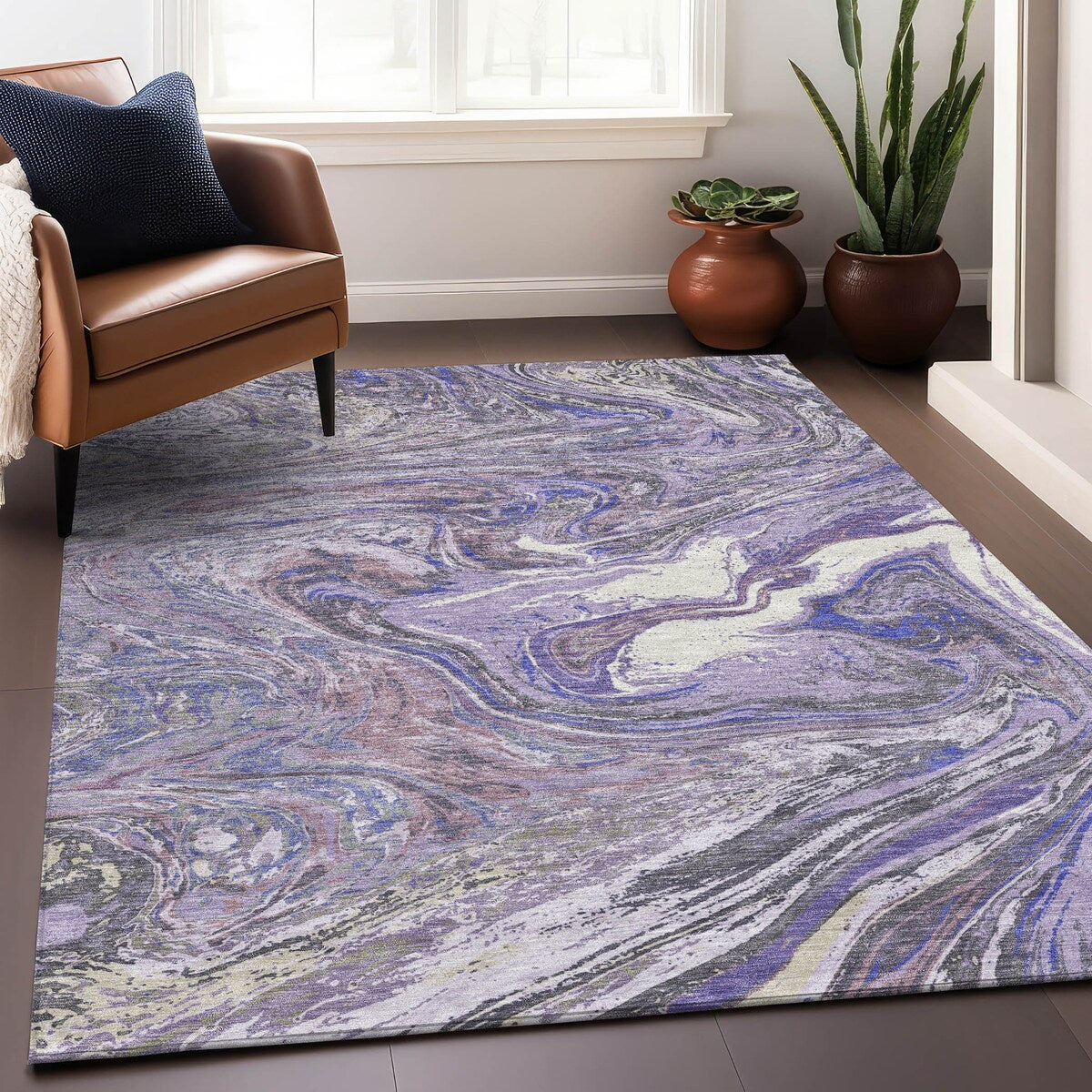 Machine Washable Indoor/ Outdoor Abstract Brushstroke Chantille Rug