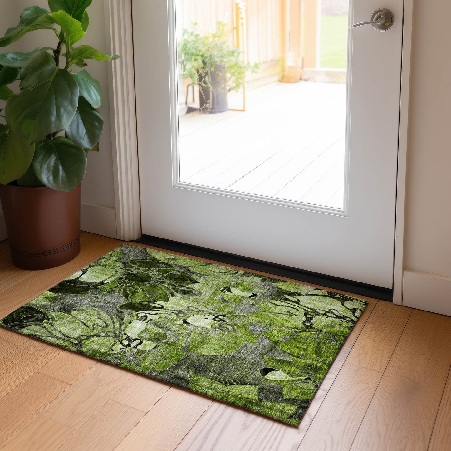 Machine Washable Indoor/ Outdoor Modern Floral Chantille Rug