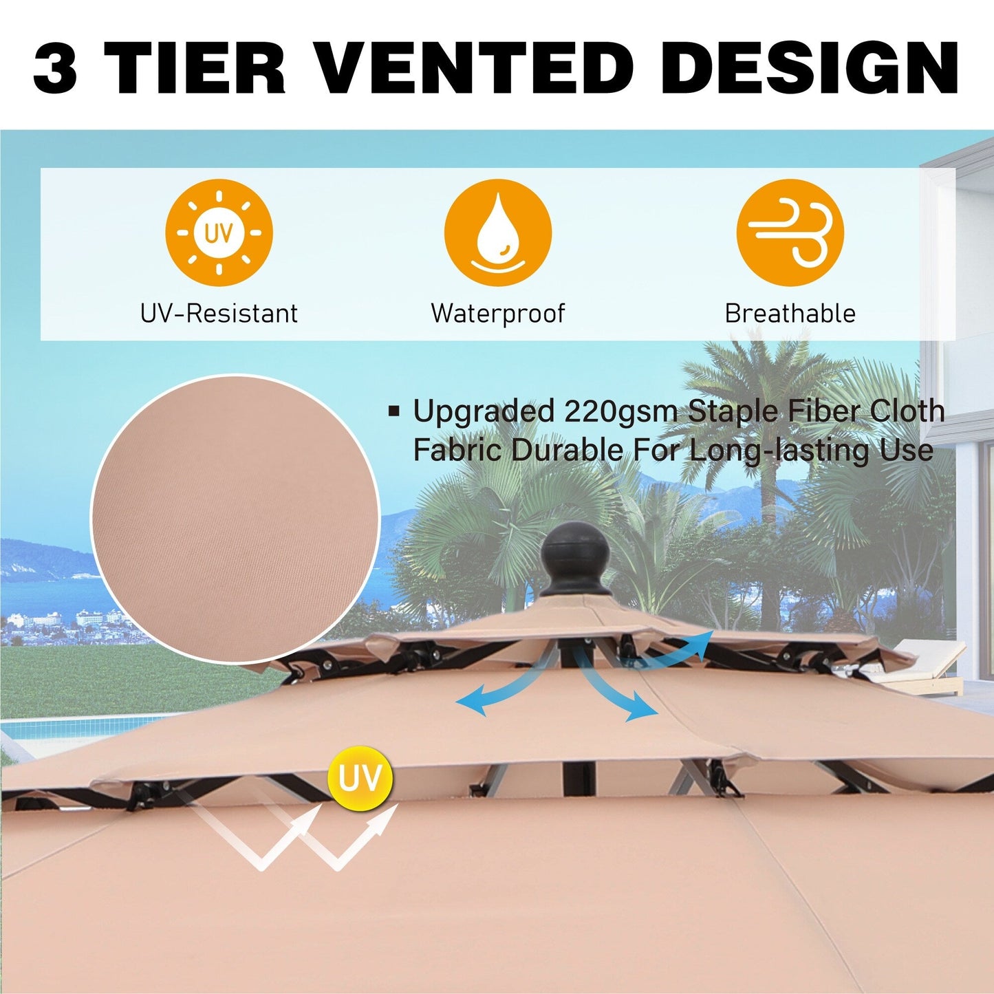 MAISON ARTS 10ft 3 Tiers Patio Outdoor Umbrella Matched with most Patio Table with Ventilation Auto-tilt and Crank Lift