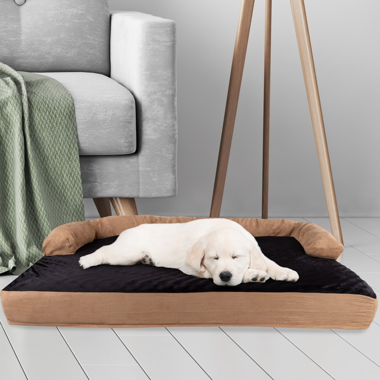 Tan/Black Pet Bed - 3-Layer Orthopedic Dog Sofa with Cooling Gel, Memory Foam and Neck Bolster