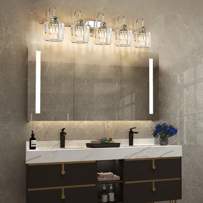 Luminaires de salle de bain linéaires à 5 lumières en cristal à intensité variable avec abat-jour cylindrique en cristal