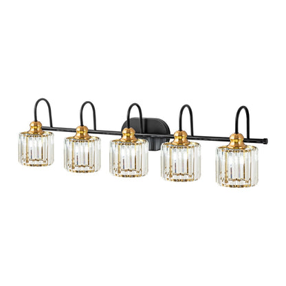 Luminaires de salle de bain linéaires à 5 lumières en cristal à intensité variable avec abat-jour cylindrique en cristal