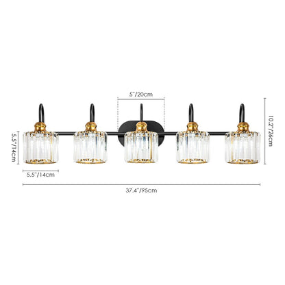 Luminaires de salle de bain linéaires à 5 lumières en cristal à intensité variable avec abat-jour cylindrique en cristal