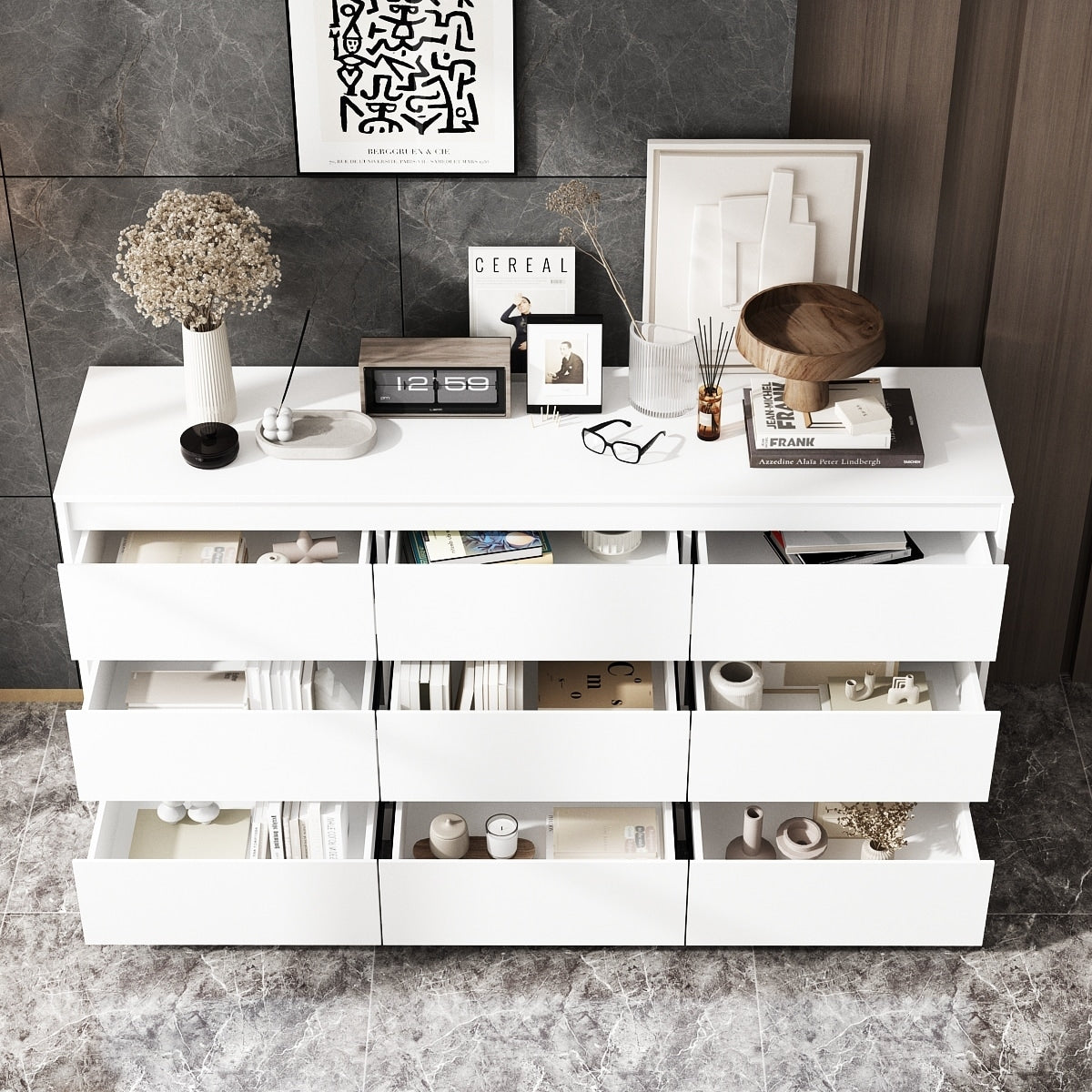 Commode d'appoint à 9 tiroirs 63W pour salon, chambre à coucher