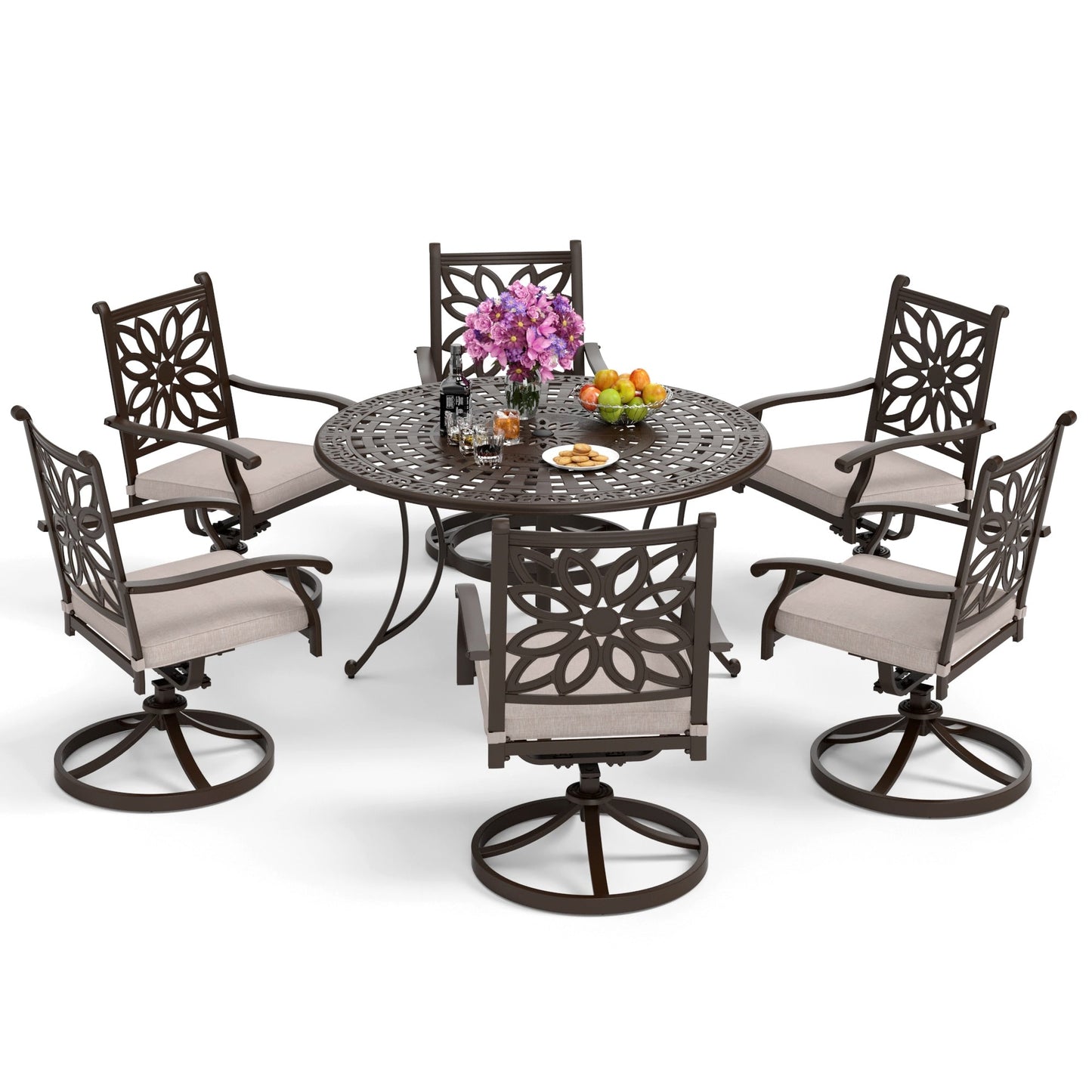 MAISON ARTS Cast Aluminum Dining Chairs/Patio Dining Set with Round Dining Table & 6 Cast Aluminum Patio Chairs