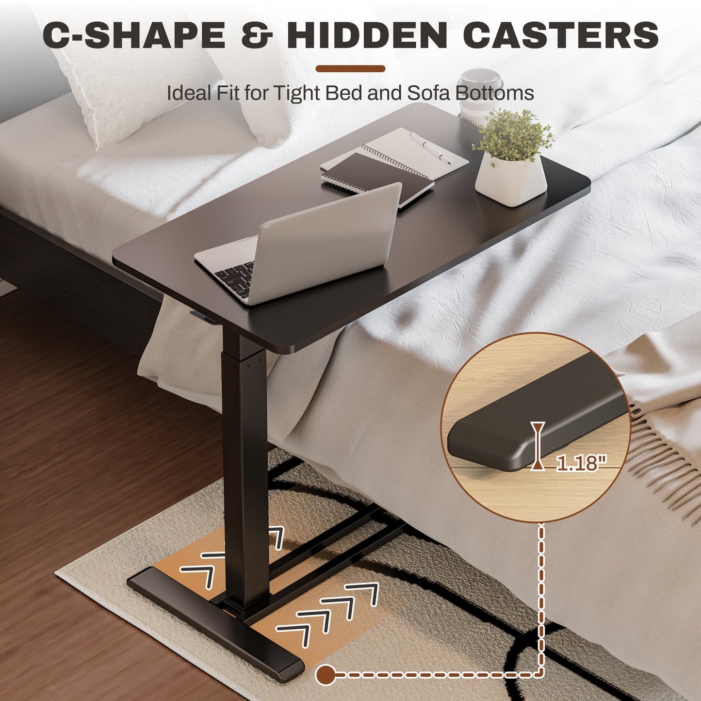 FunniHomi 28/32 Movable Overbed Table Height Adjustable Computer Desk with Wheels, White/Black Laptop Table for Bed and Sofa