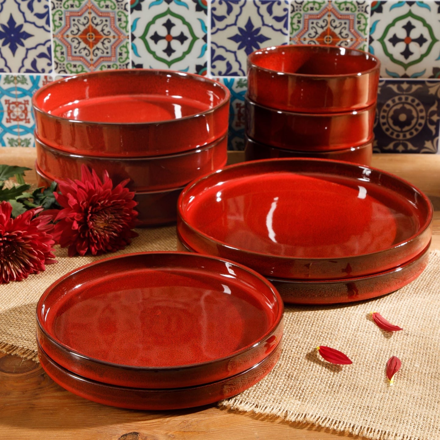 Bloomhouse Santorini Mist 16 Piece Double Bowl Terracotta Reactive Glaze Plates and Bowls Dinnerware Set