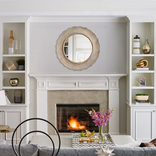 Miroir mural décoratif rond en bois de style bohème beige de 30 po pour salle de bain