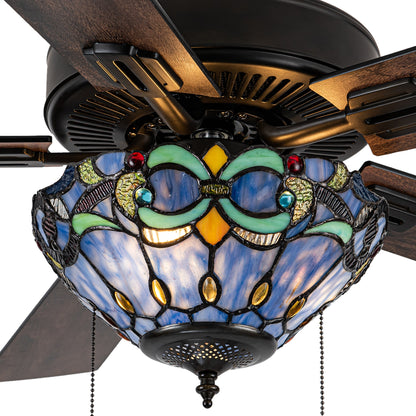 Ventilateur de plafond télécommandé à 3 lumières en bronze huilé et vitrail Della River of Goods de 52 pouces