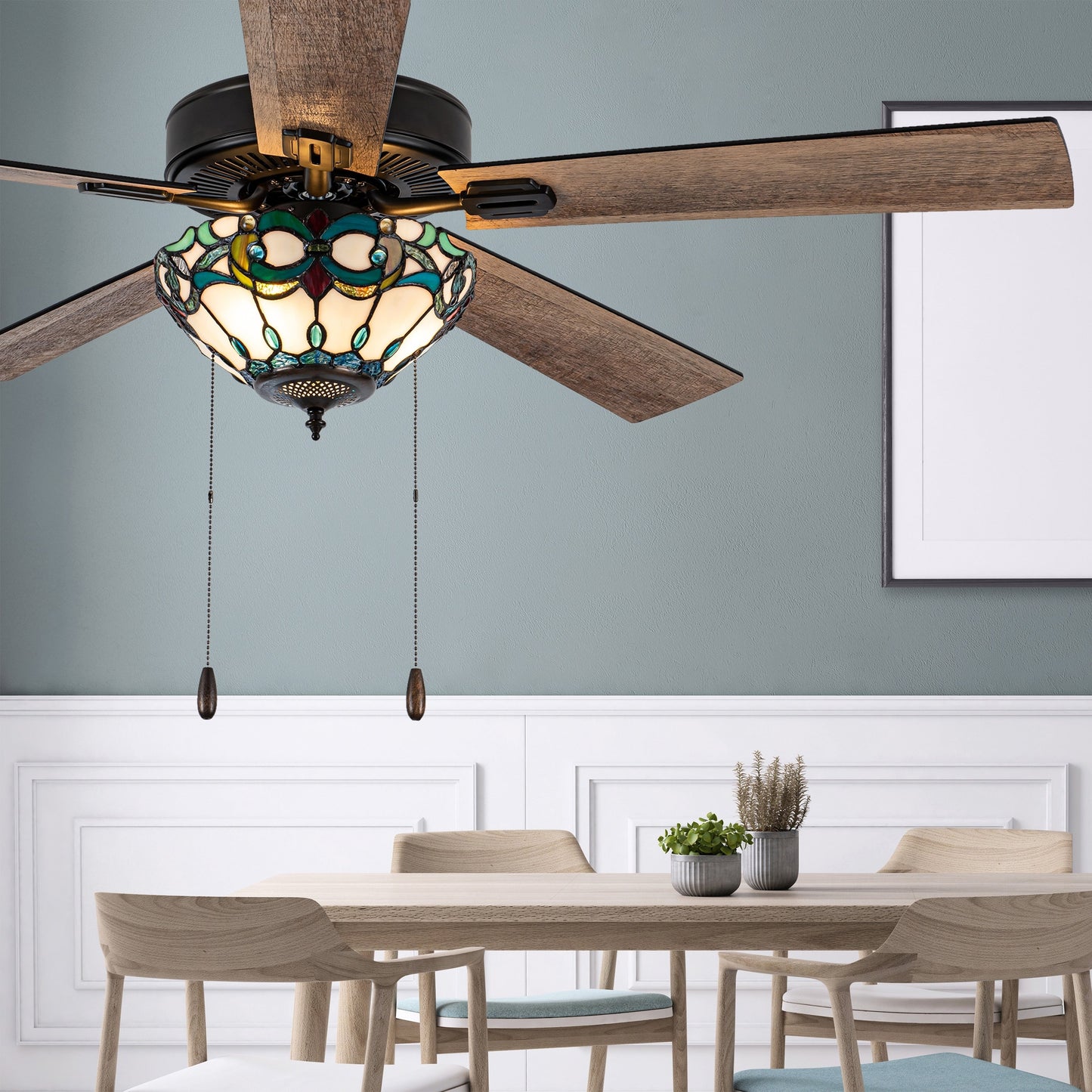 Ventilateur de plafond télécommandé à 3 lumières en bronze huilé et vitrail Della River of Goods de 52 pouces