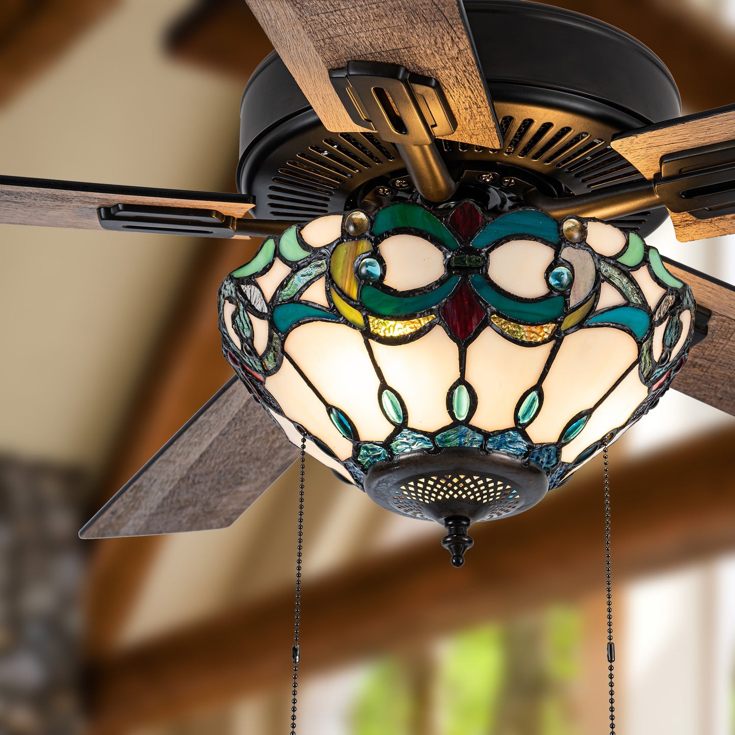 Ventilateur de plafond télécommandé à 3 lumières en bronze huilé et vitrail Della River of Goods de 52 pouces