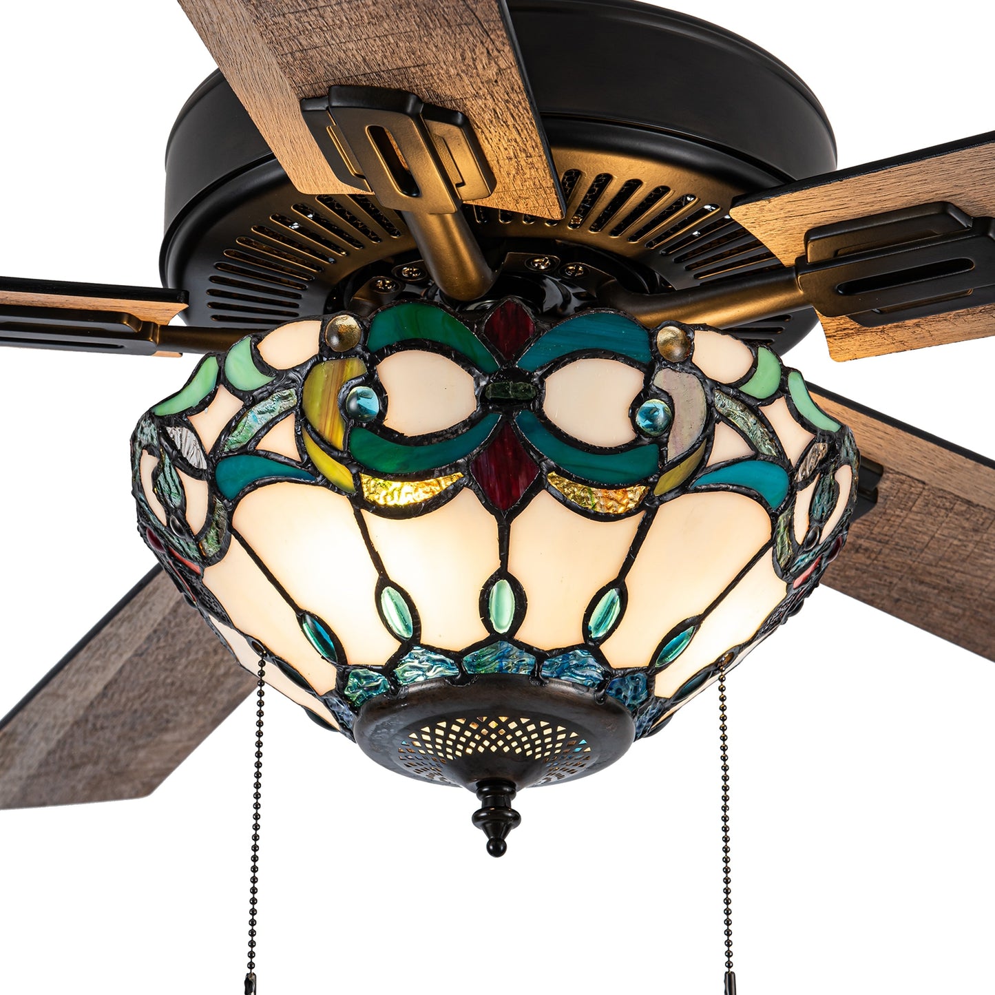 Ventilateur de plafond télécommandé à 3 lumières en bronze huilé et vitrail Della River of Goods de 52 pouces