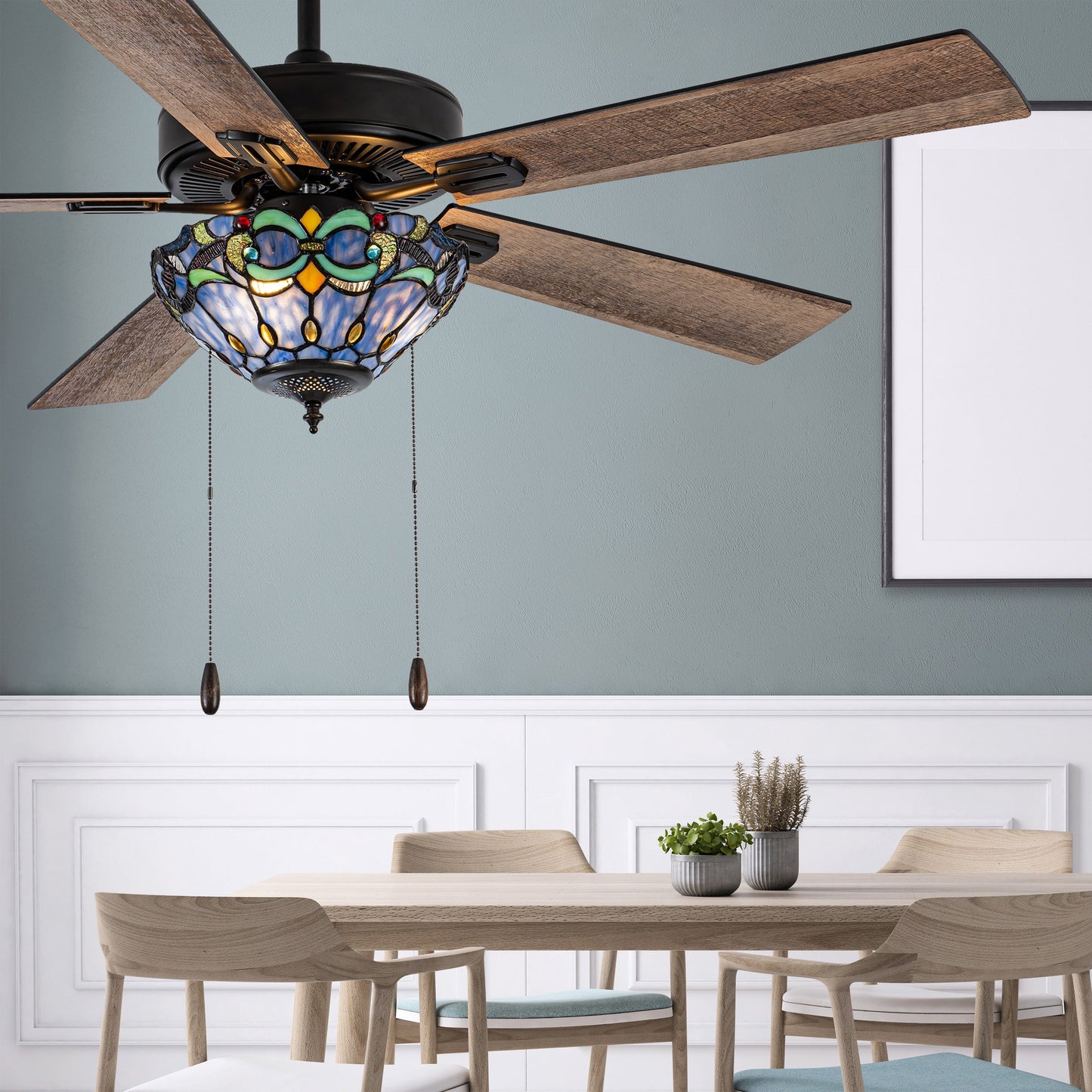 Ventilateur de plafond télécommandé à 3 lumières en bronze huilé et vitrail Della River of Goods de 52 pouces