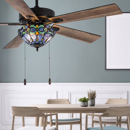 Ventilateur de plafond télécommandé à 3 lumières en bronze huilé et vitrail Della River of Goods de 52 pouces