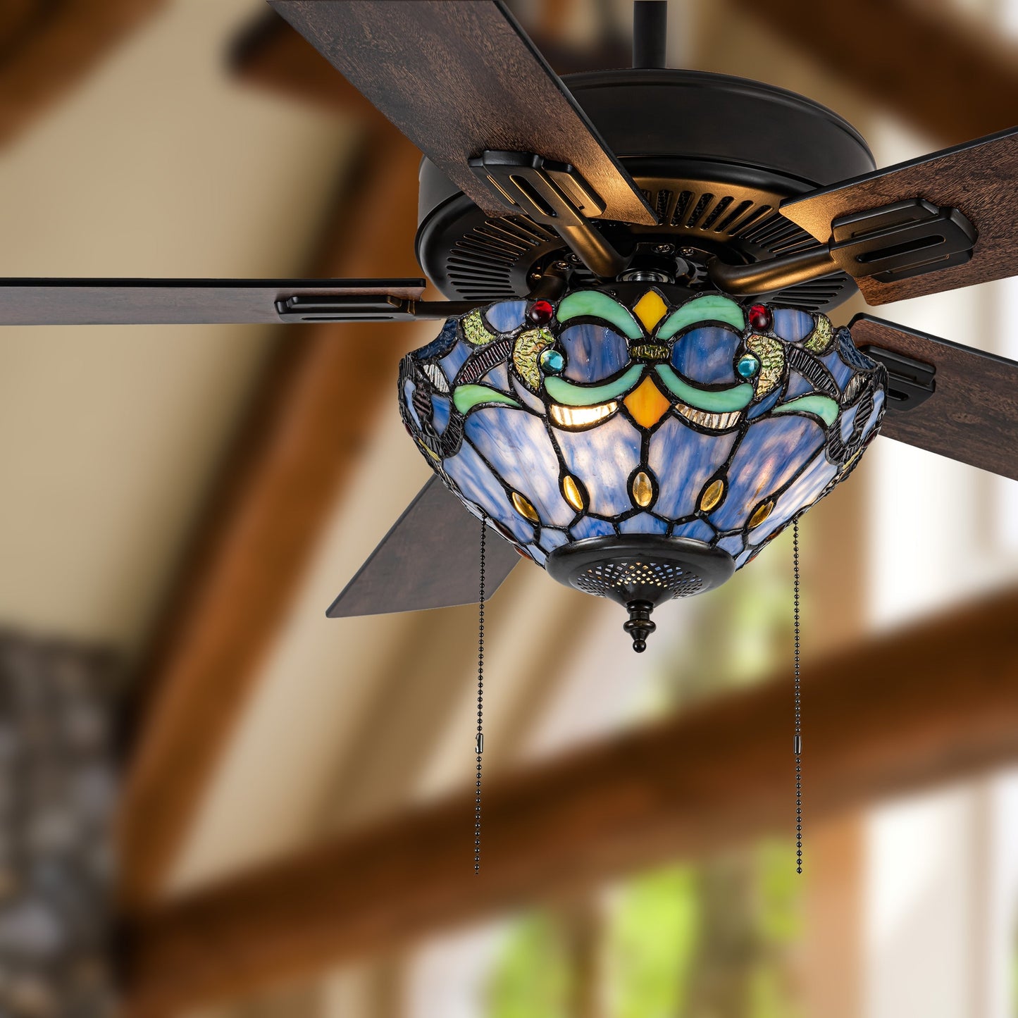 Ventilateur de plafond télécommandé à 3 lumières en bronze huilé et vitrail Della River of Goods de 52 pouces