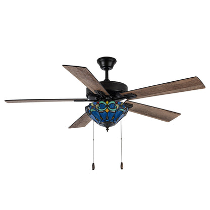 Ventilateur de plafond télécommandé à 3 lumières en bronze huilé et vitrail Della River of Goods de 52 pouces
