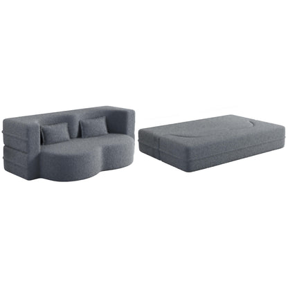 Canapé-lit convertible en tissu Teddy gris 78 pouces, garni de mousse, avec 2 oreillers et matelas pliant pour le salon