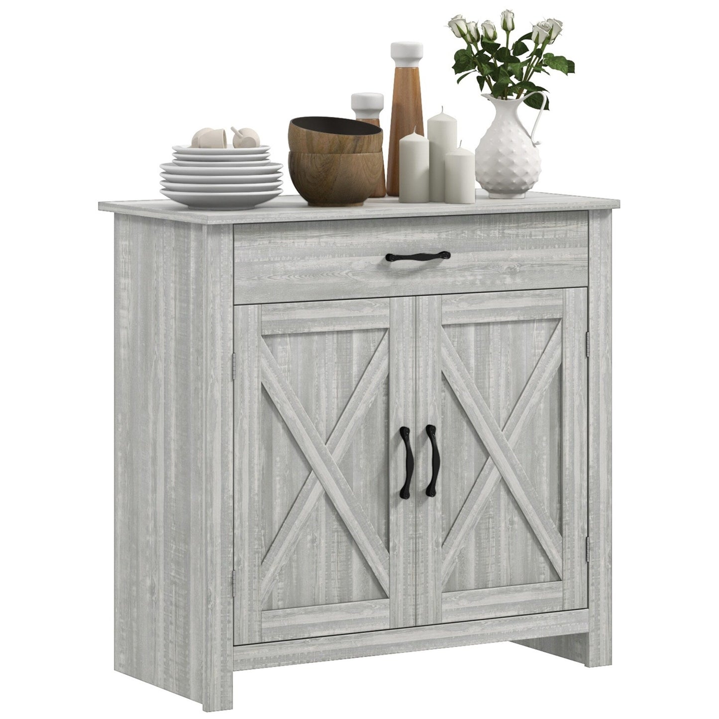 HOMCOM 32 Farmhouse Barn Door Style Sideboard Cabinet,Buffet Storage Cabinet Coffee Bar for Living Room or Entryway