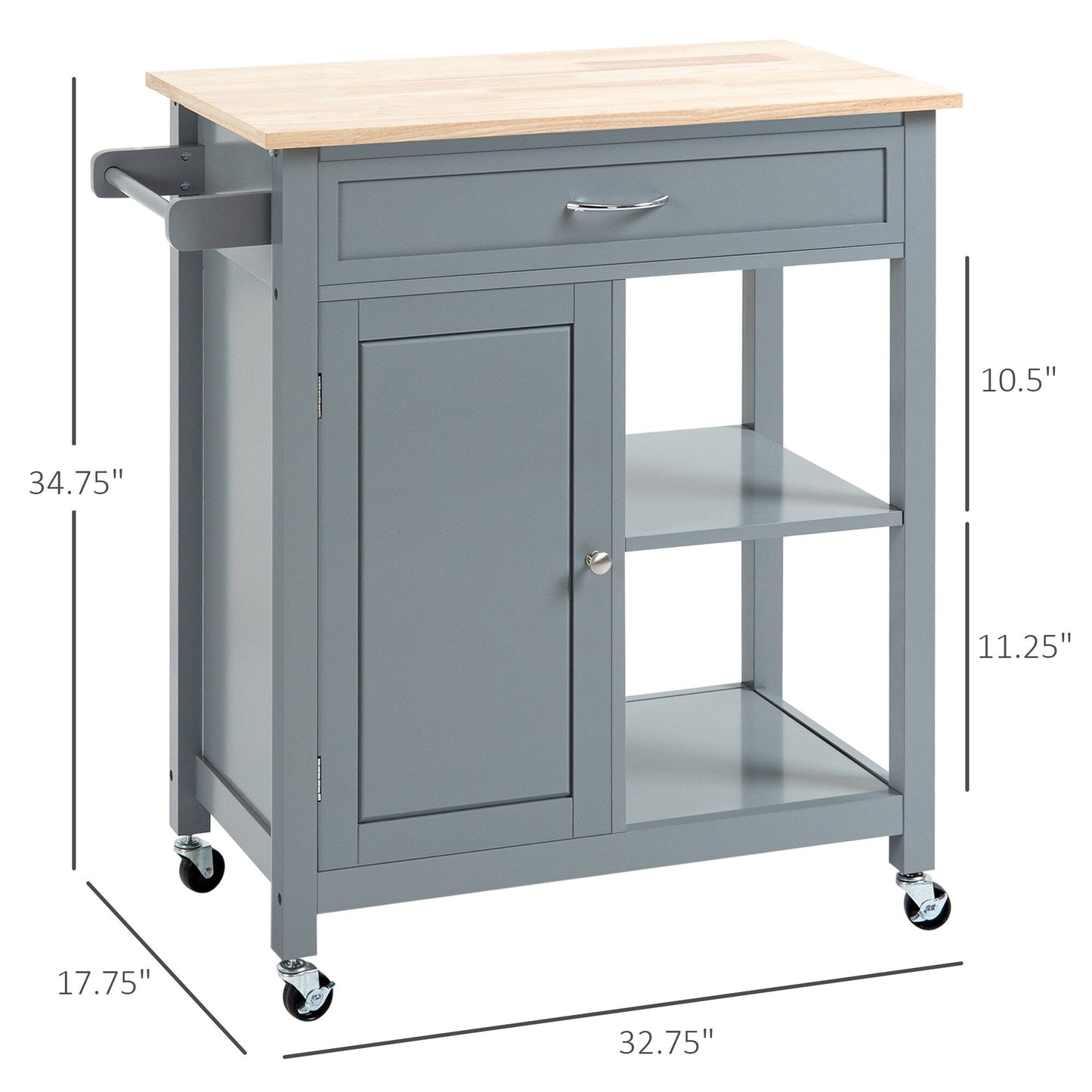 HOMCOM Kitchen Trolley, Wood Top Utility Cart on Wheels with Open Shelf and Storage Drawer for Dining Room, Kitchen