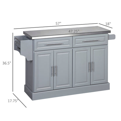 HOMCOM Rolling Kitchen Island with Storage, Portable Kitchen Cart with Stainless Steel Top, Gray - N/A