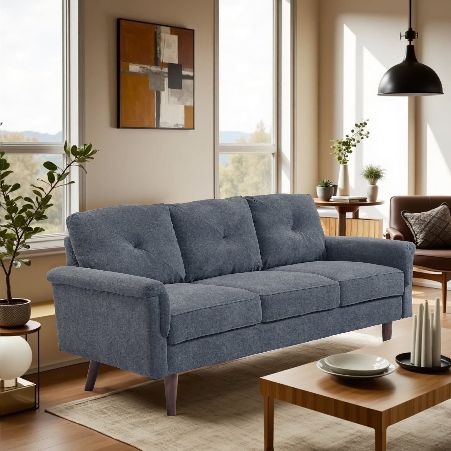 HOOOWOOO Mid-Century 3-Seat Upholstered Sofa with Wood Legs for Living Room