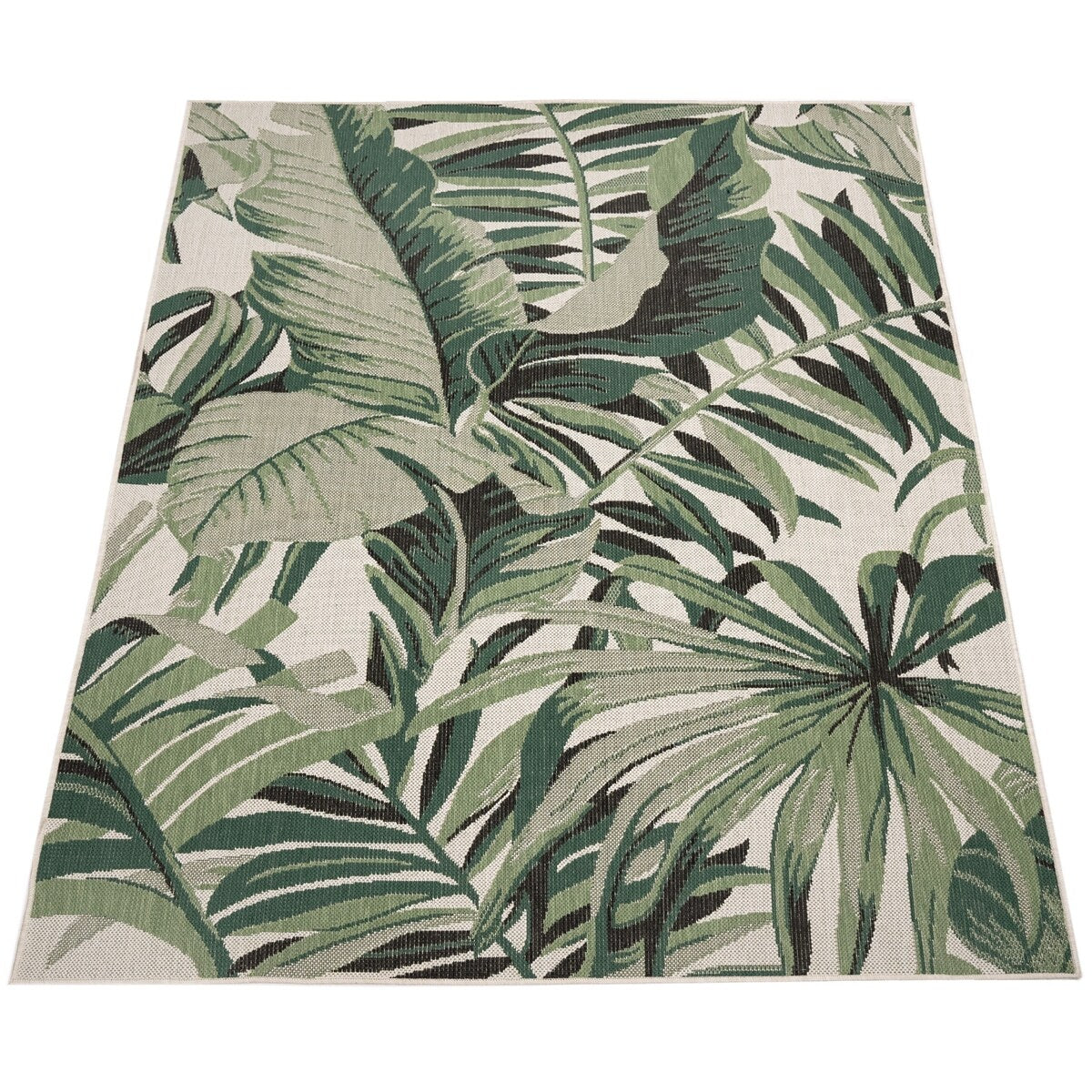 In- & Outdoor Rug Tropical Palm Leaf Design for Patio in Green Beige