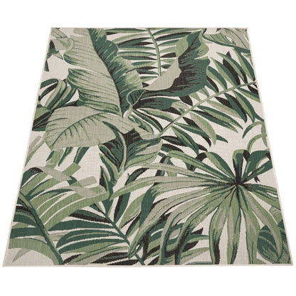 In- & Outdoor Rug Tropical Palm Leaf Design for Patio in Green Beige