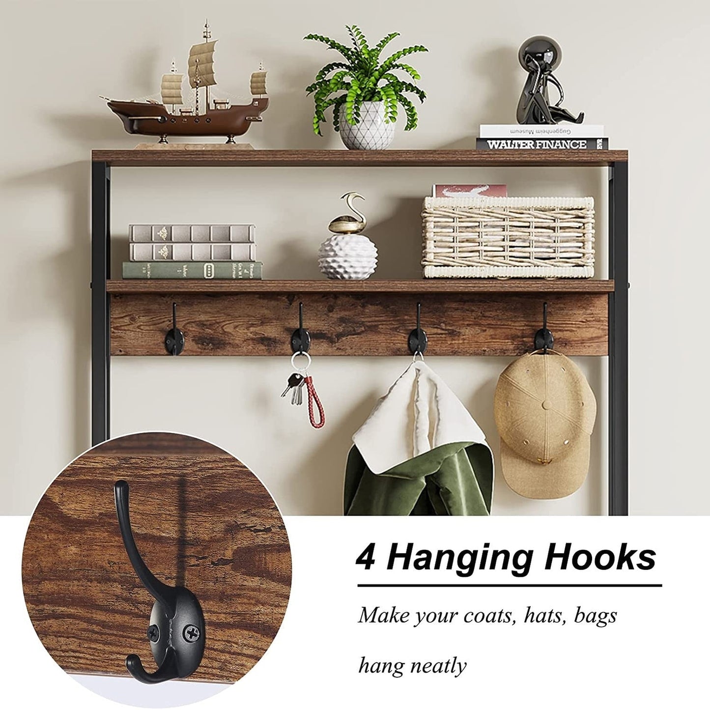 Industrial Hall Tree, Entryway Shoe Bench with Coat Rack Hook and Storage Shelving