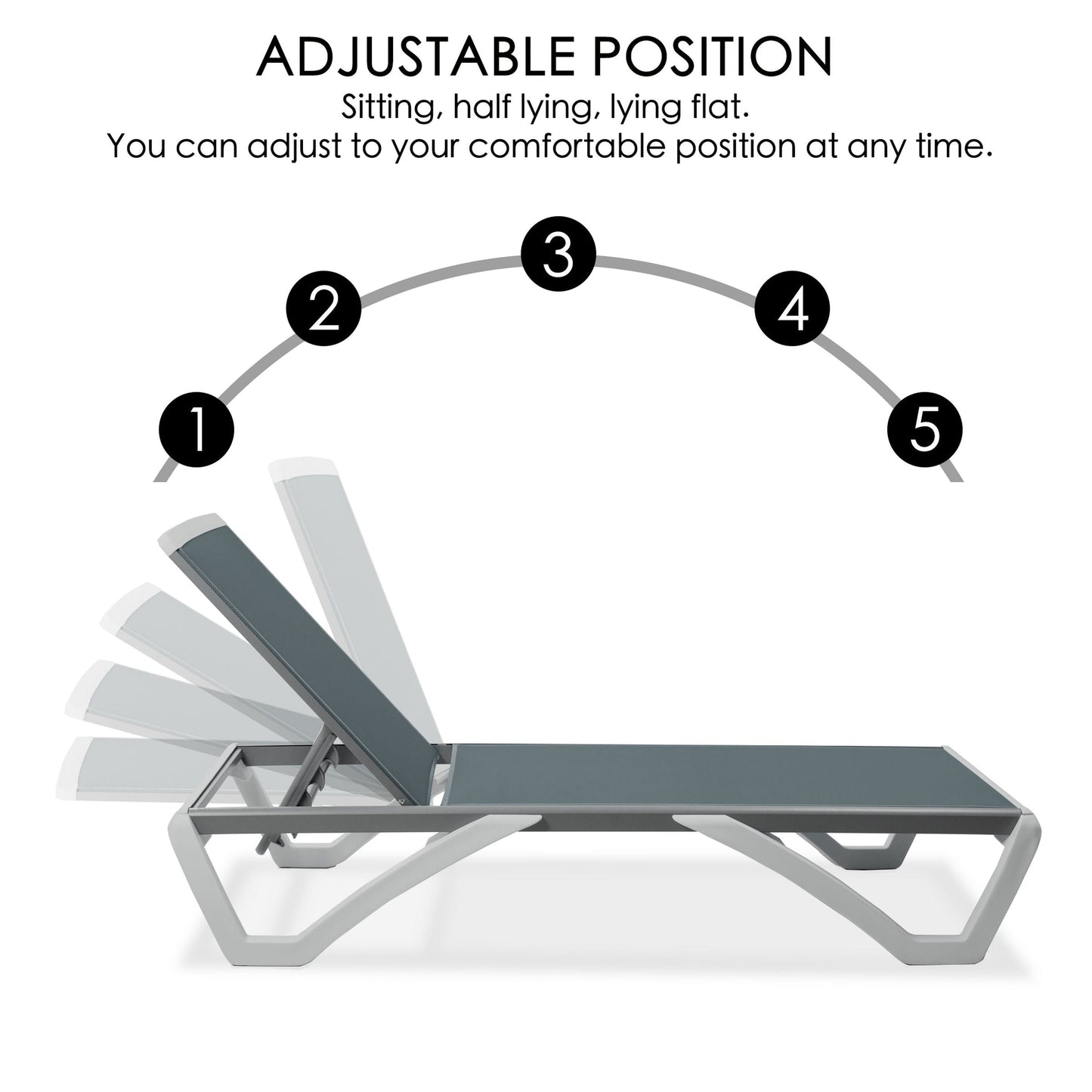 Kozyard Alan Full Flat Aluminum and Polypropylene Resin Legs Patio Reclining Adjustable Chaise Lounge