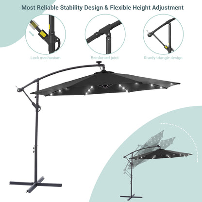 LIVOOSUN 10ft LED Patio Offset Umbrella With Cross Base