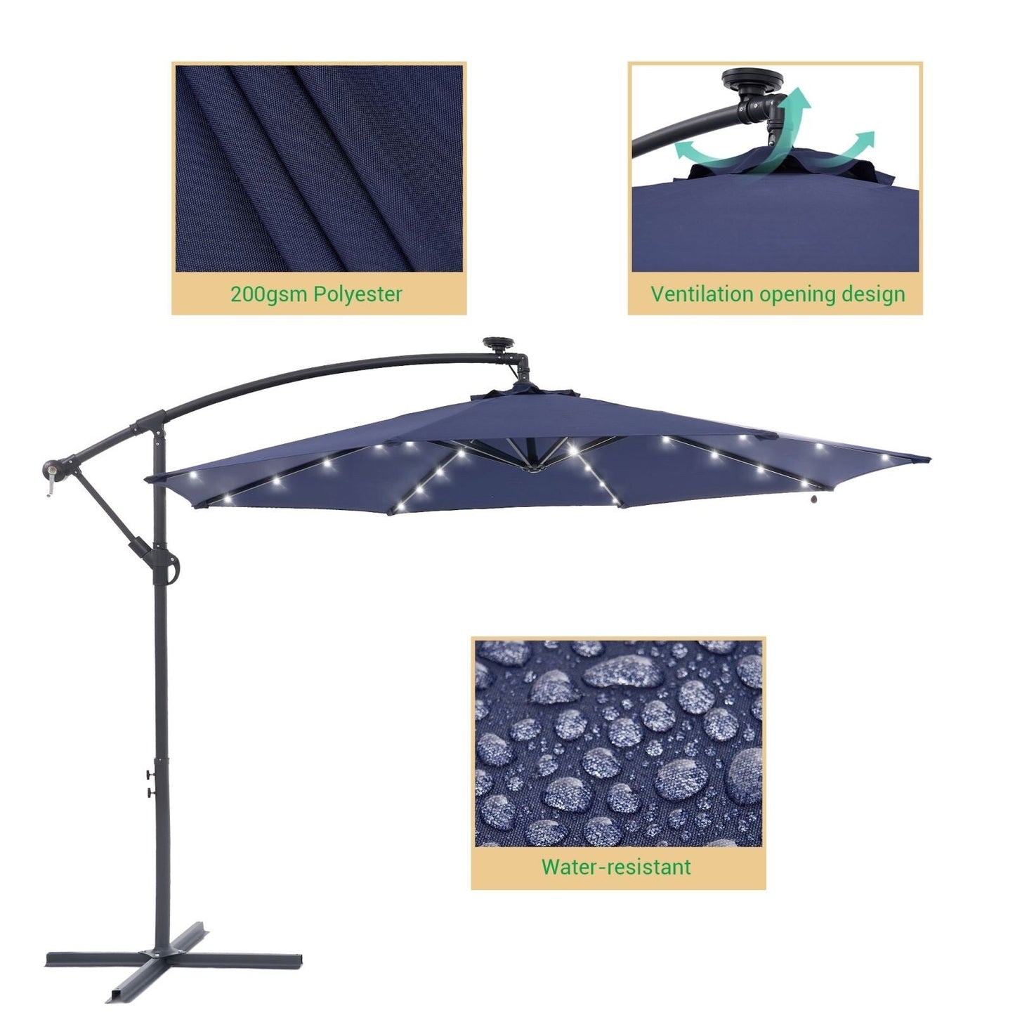LIVOOSUN 10ft LED Patio Offset Umbrella With Cross Base