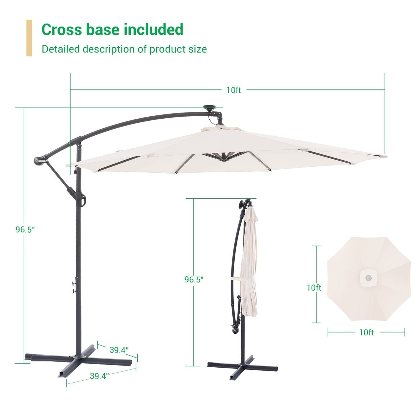 LIVOOSUN 10ft LED Patio Offset Umbrella With Cross Base