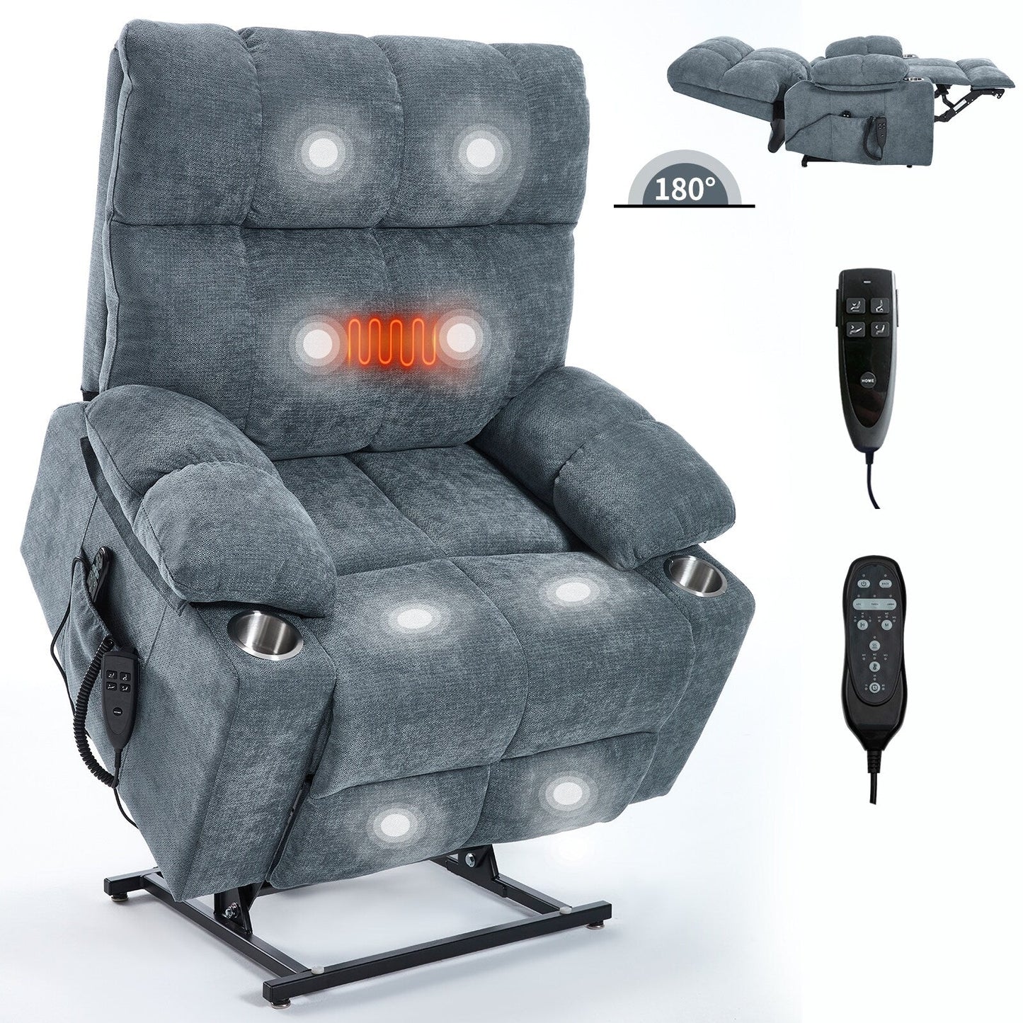 Fauteuil inclinable électrique Lazy Boy à double moteur en chenille avec massage et chauffage lombaire, deux porte-gobelets, gris-bleu