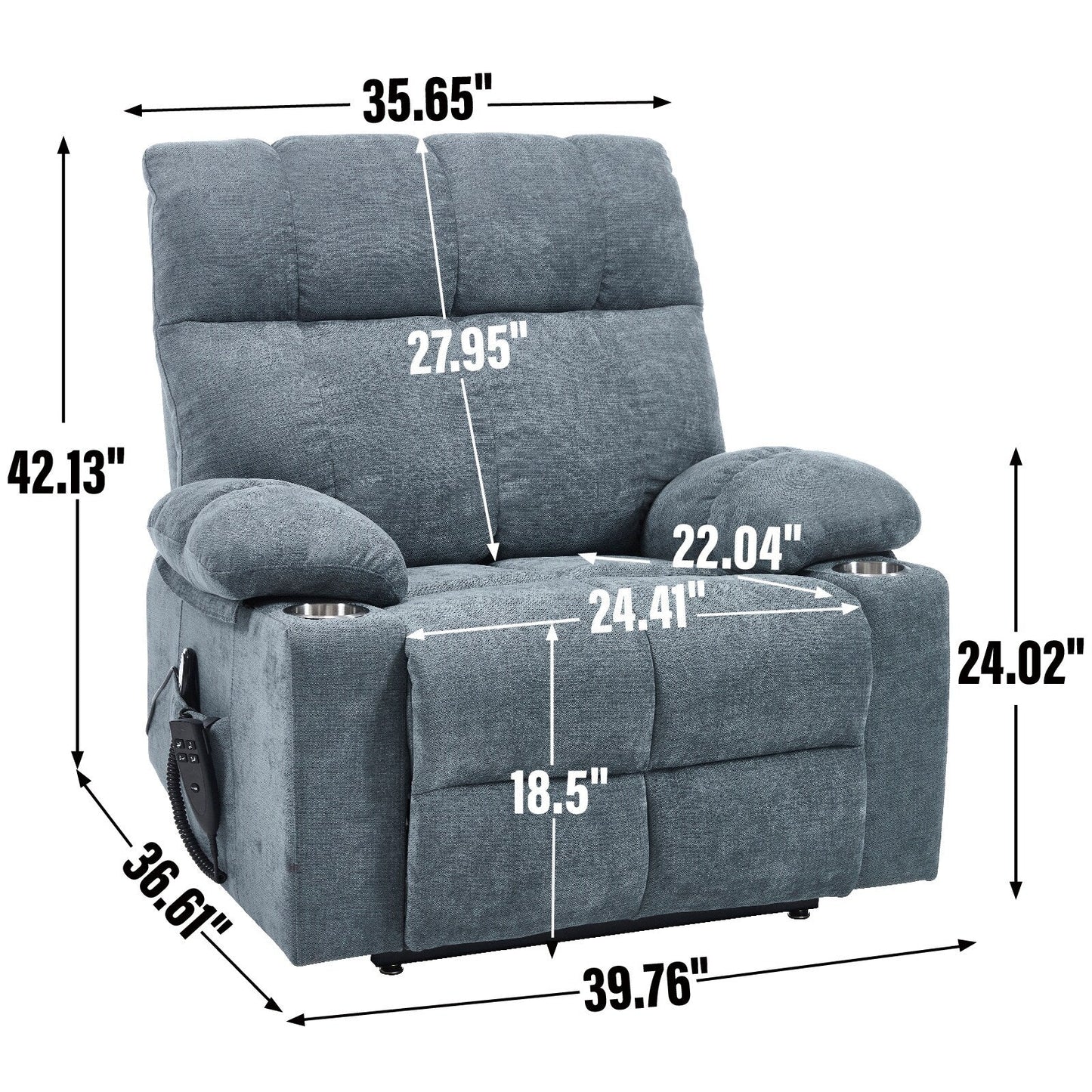 Fauteuil inclinable électrique Lazy Boy à double moteur en chenille avec massage et chauffage lombaire, deux porte-gobelets, gris-bleu