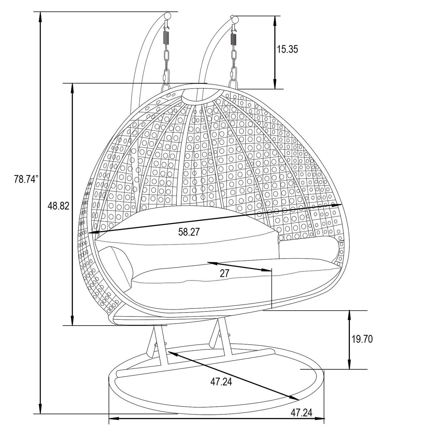LeisureMod 2 Person Hanging Egg Chair with Stand - Outdoor/Indoor Rattan Wicker Patio Swing Hammock Lounger with Cushions