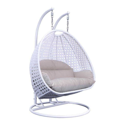 LeisureMod 2 Person Hanging Egg Chair with Stand - Outdoor/Indoor Rattan Wicker Patio Swing Hammock Lounger with Cushions