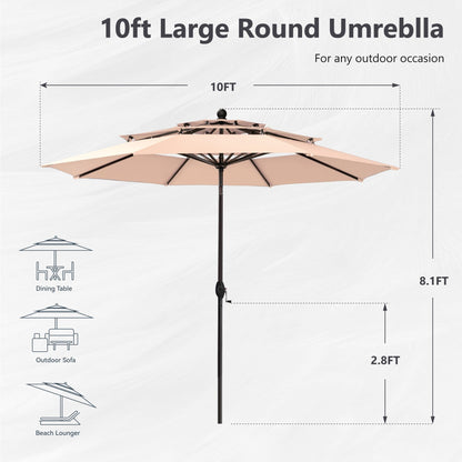 MAISON ARTS 10ft 3 Tiers Patio Outdoor Umbrella Matched with most Patio Table with Ventilation Auto-tilt and Crank Lift