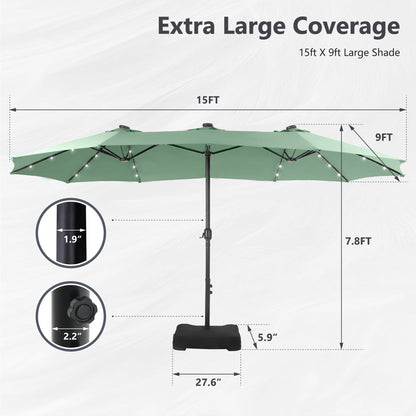 MAISON ARTS 15-foot Rectangular Crank Double-sided Outdoor Market Umbrella Solar LED Lighted Patio Umbrella with Base Included